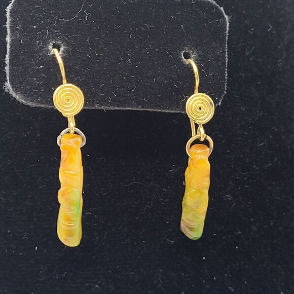 Artisan Carved Jade Orange Green Dangle Drop Earrings 1.75in - Picture 4 of 4